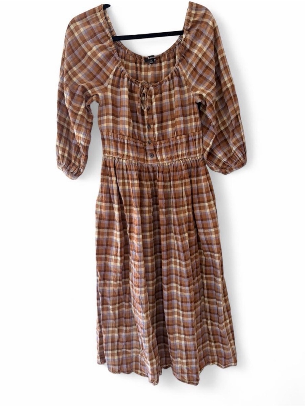 Madewell Brown Plaid Smocked Waist Dress